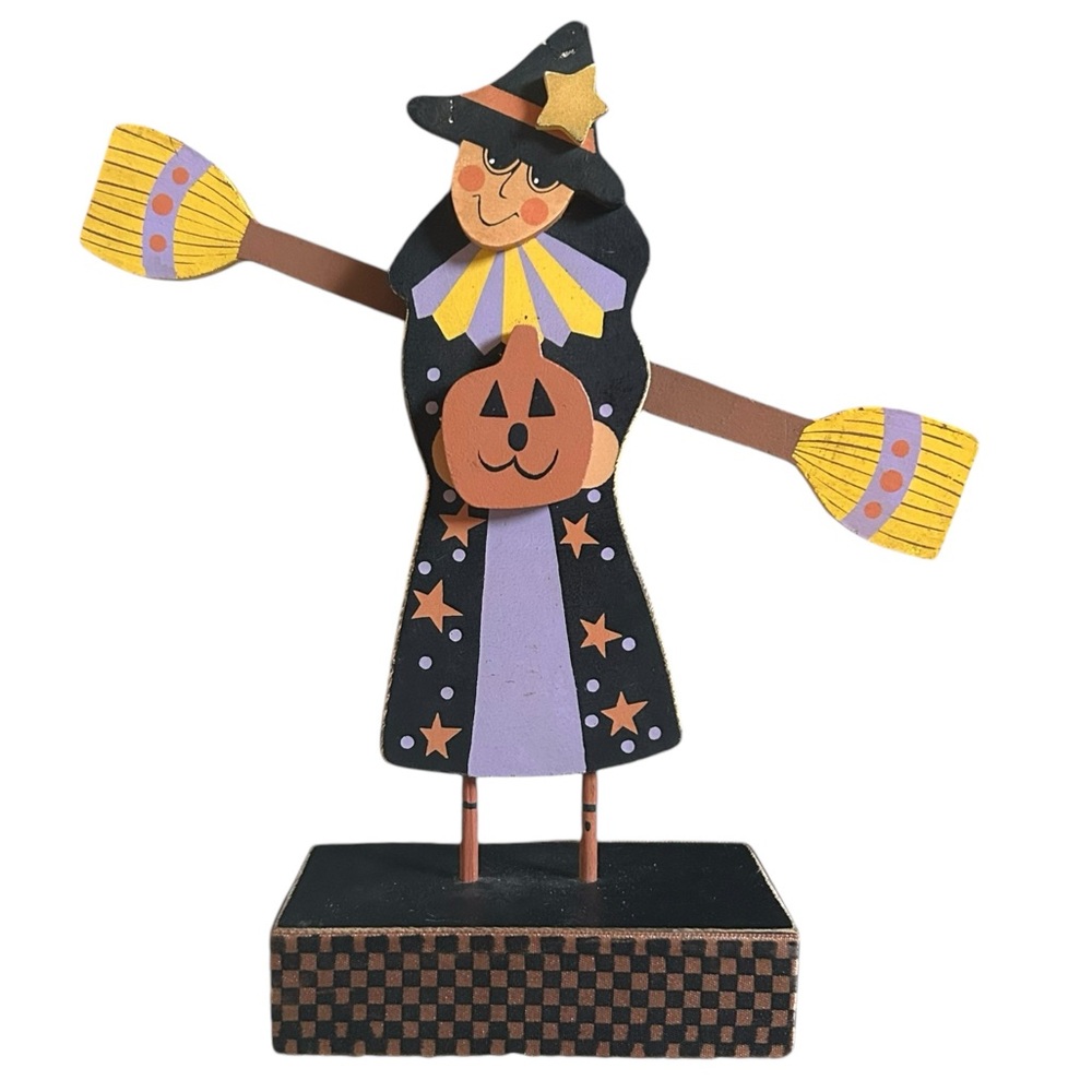 Vintage Standing Halloween Wooden Witch Table Decoration with Spinning Broom